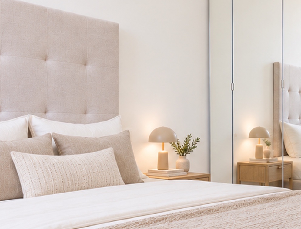 Camera da letto con testiera capitonné in un appartamento CHORA MILANO